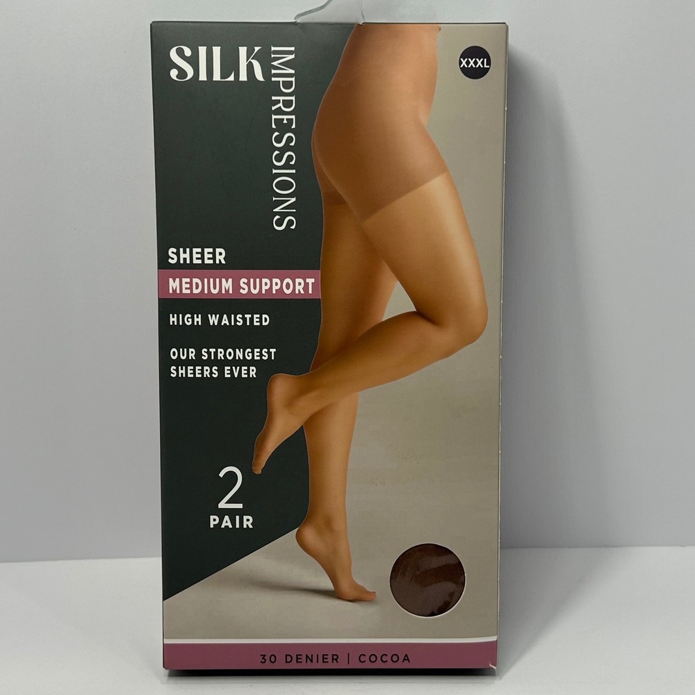 Silk Impressions Sheer Medium Support Pantyhose 2 Pair Cocoa 3XL 30 Denier New